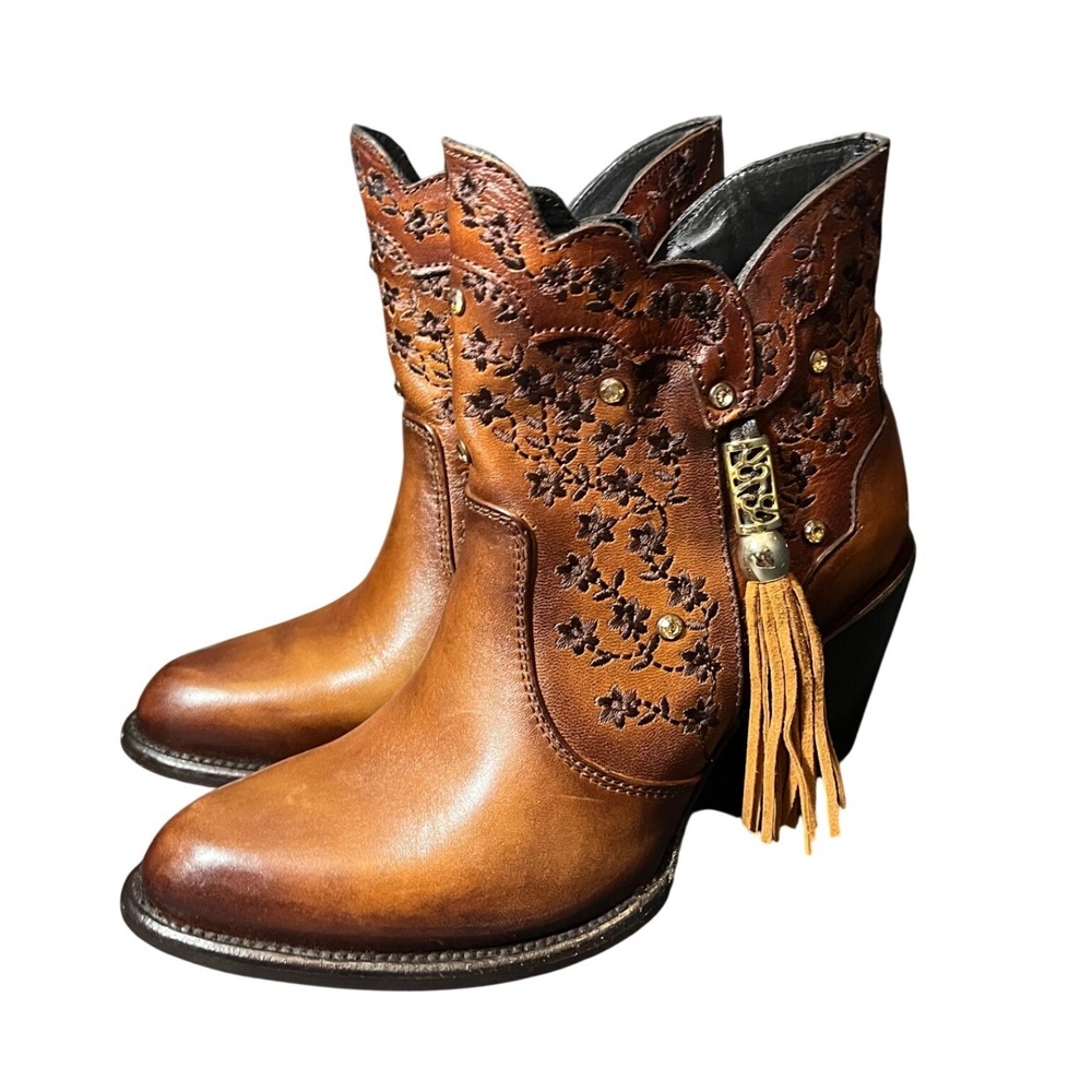 Los Altos Ximena Ankle Boots Womens 8.5 Brown Leather Floral Tassel 1LT600262